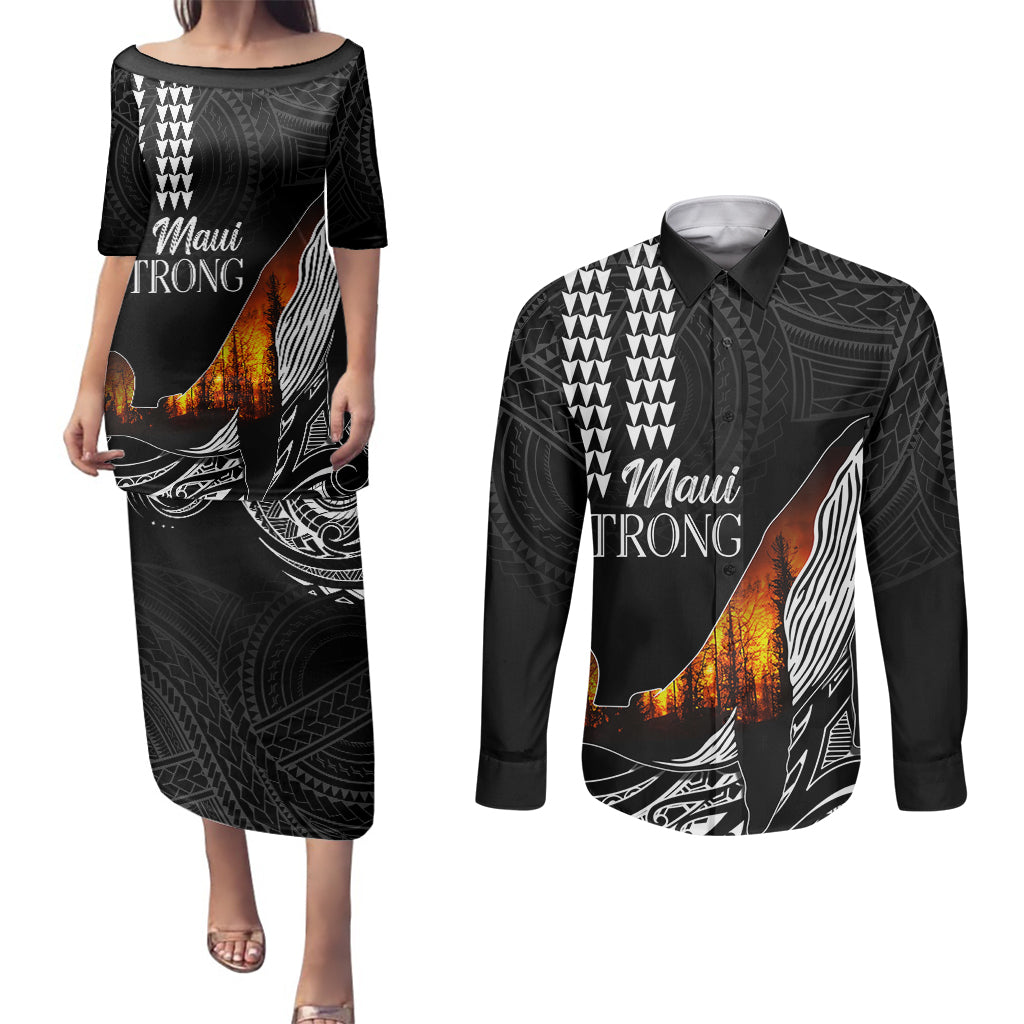 Hawaii Humpback Whale Couples Matching Puletasi Dress and Long Sleeve Button Shirts Be Strong - Pray For Maui LT7 Black - Polynesian Pride
