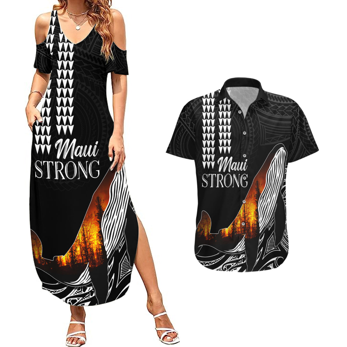 Hawaii Humpback Whale Couples Matching Summer Maxi Dress and Hawaiian Shirt Be Strong - Pray For Maui LT7 Black - Polynesian Pride