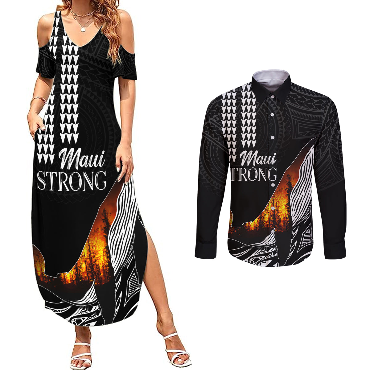 Hawaii Humpback Whale Couples Matching Summer Maxi Dress and Long Sleeve Button Shirts Be Strong - Pray For Maui LT7 Black - Polynesian Pride