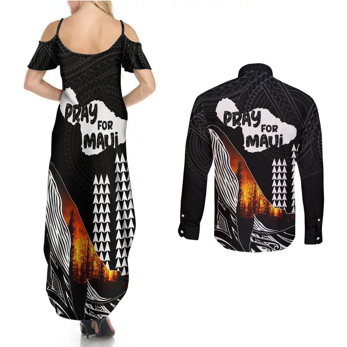 Hawaii Humpback Whale Couples Matching Summer Maxi Dress and Long Sleeve Button Shirts Be Strong - Pray For Maui LT7 - Polynesian Pride