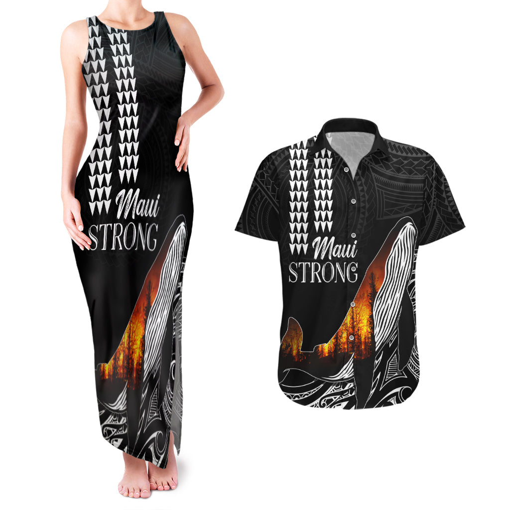 Hawaii Humpback Whale Couples Matching Tank Maxi Dress and Hawaiian Shirt Be Strong - Pray For Maui LT7 Black - Polynesian Pride