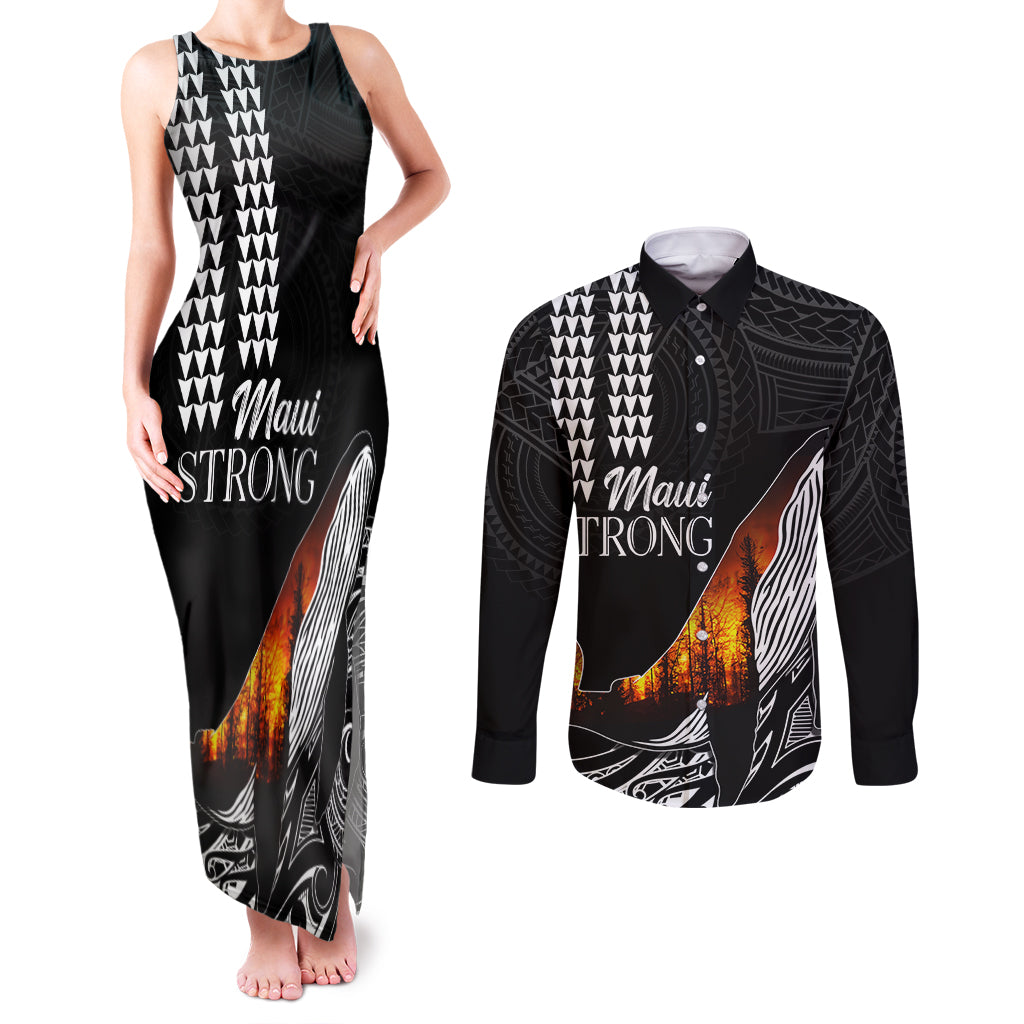 Hawaii Humpback Whale Couples Matching Tank Maxi Dress and Long Sleeve Button Shirts Be Strong - Pray For Maui LT7 Black - Polynesian Pride