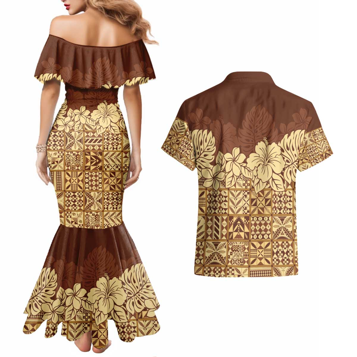 Niue Hiapo Motif Couples Matching Mermaid Dress and Hawaiian Shirt Tapa Classic
