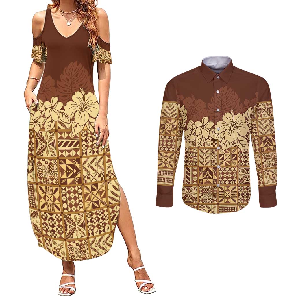 Niue Hiapo Motif Couples Matching Summer Maxi Dress and Long Sleeve Button Shirt Tapa Classic LT7 Beige - Polynesian Pride