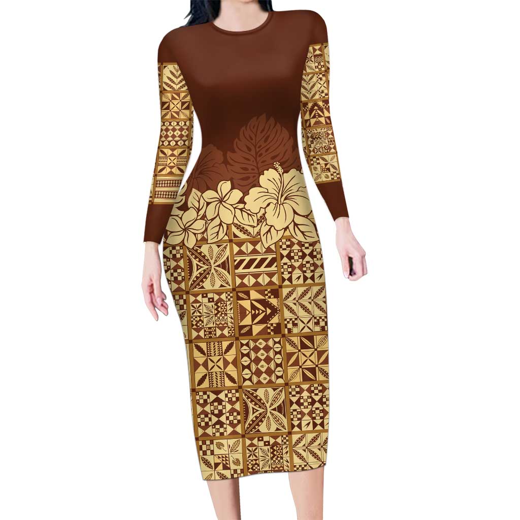 Niue Hiapo Motif Long Sleeve Bodycon Dress Tapa Classic LT7 Long Dress Beige - Polynesian Pride