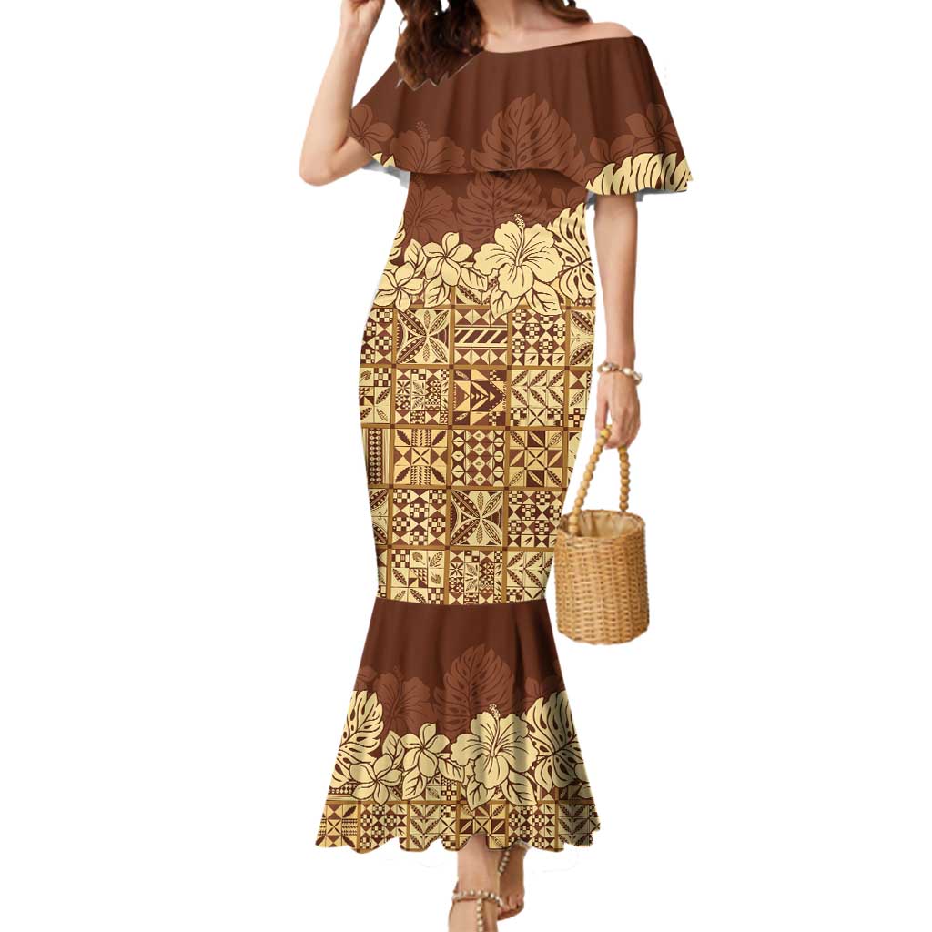 Niue Hiapo Motif Mermaid Dress Tapa Classic LT7 Women Beige - Polynesian Pride