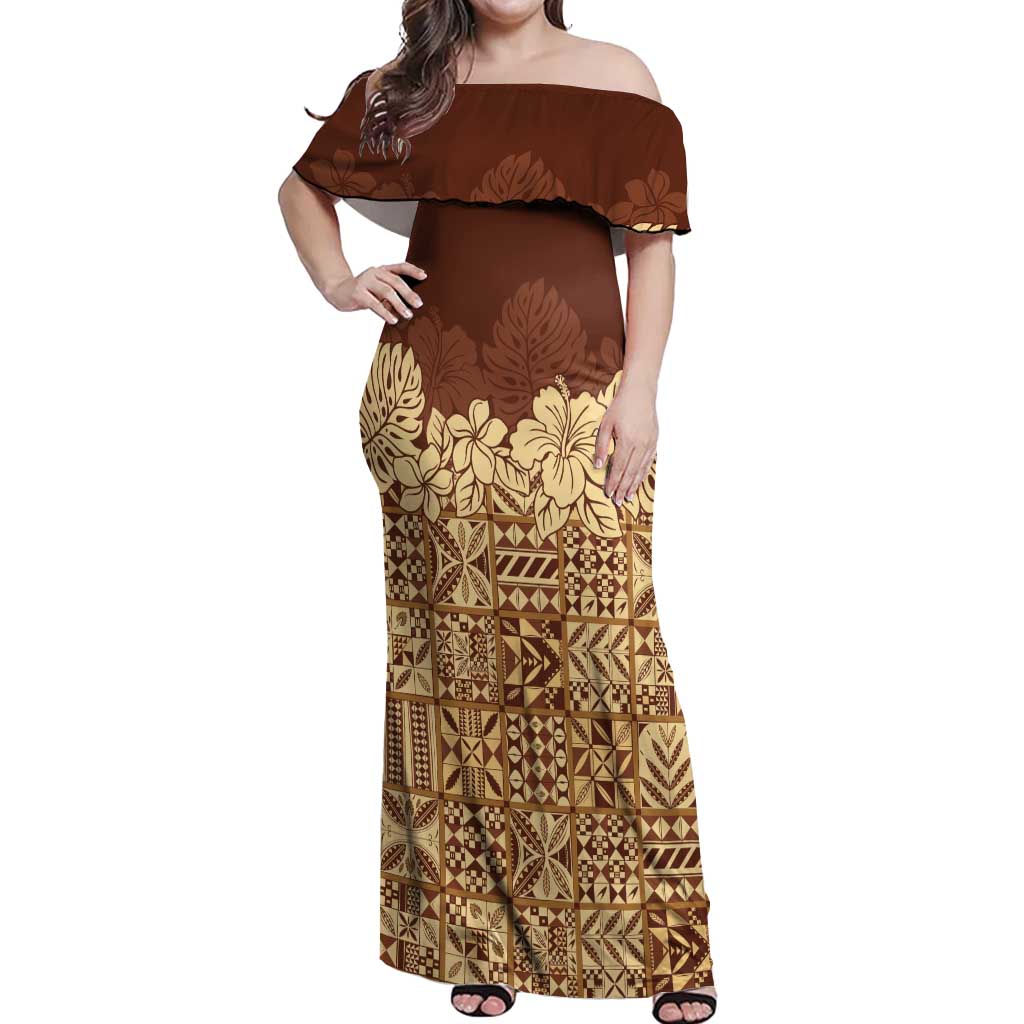 Niue Hiapo Motif Off Shoulder Maxi Dress Tapa Classic LT7 Women Beige - Polynesian Pride