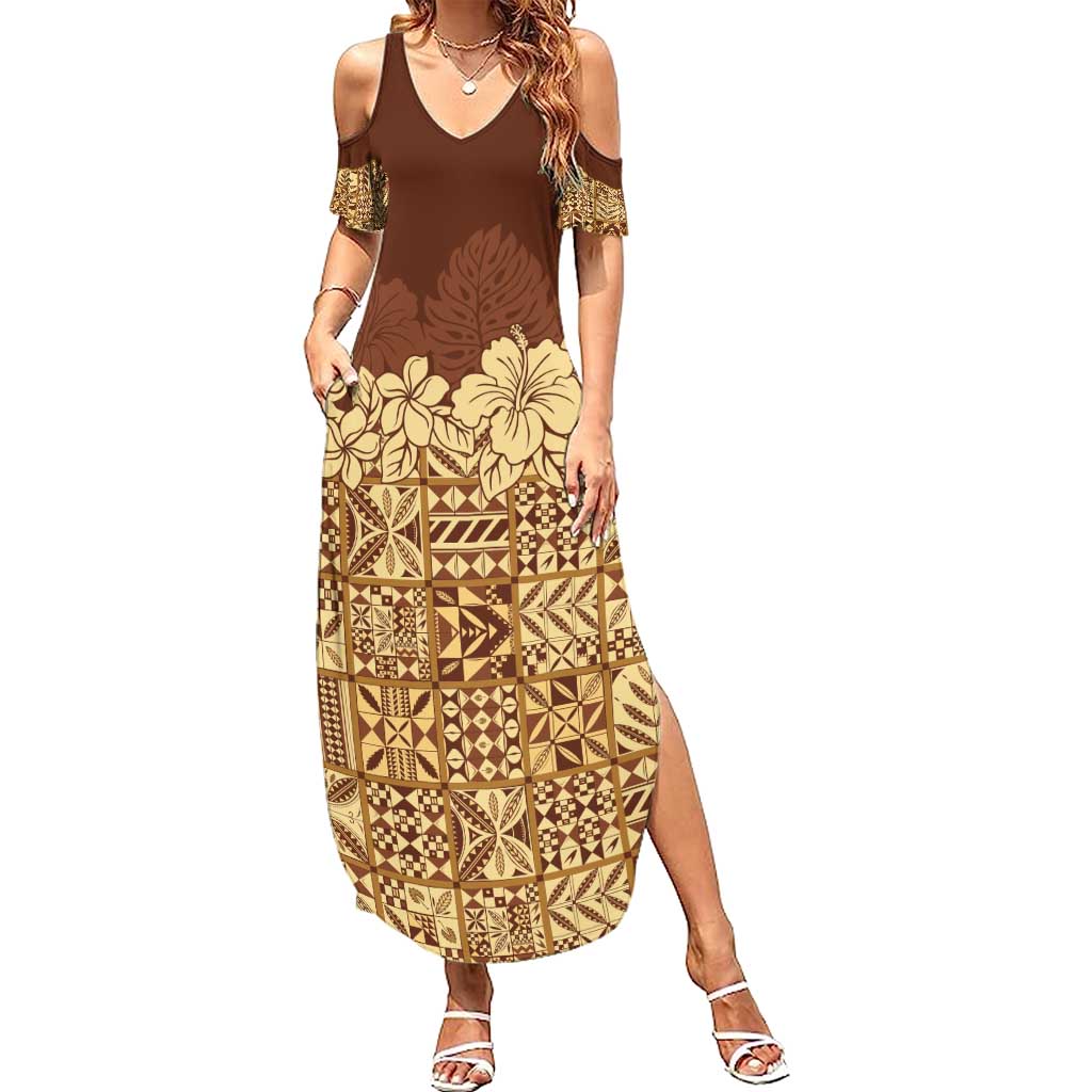 Niue Hiapo Motif Summer Maxi Dress Tapa Classic LT7 Women Beige - Polynesian Pride