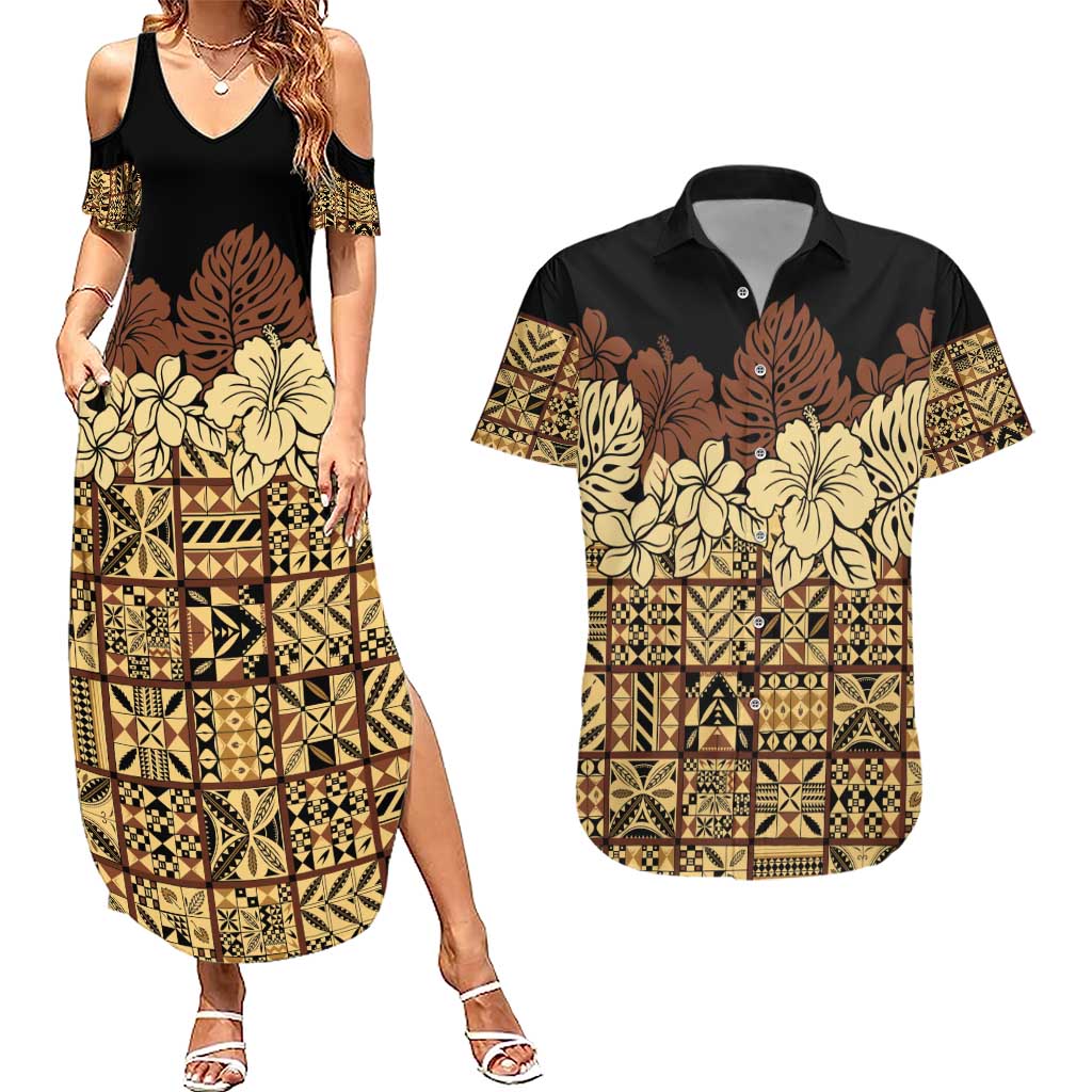 Niue Hiapo Motif Couples Matching Summer Maxi Dress and Hawaiian Shirt Tapa Classic - Black Ver LT7 Black - Polynesian Pride