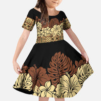 Niue Hiapo Motif Family Matching Long Sleeve Bodycon Dress and Hawaiian Shirt Tapa Classic - Black Ver