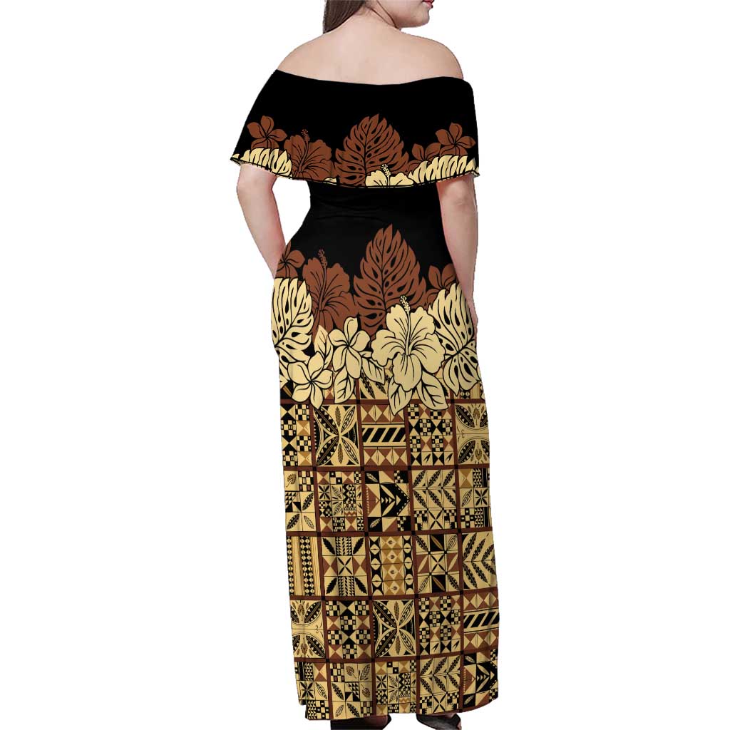 Niue Hiapo Motif Family Matching Off Shoulder Maxi Dress and Hawaiian Shirt Tapa Classic - Black Ver