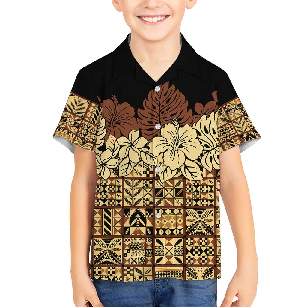 Niue Hiapo Motif Kid Hawaiian Shirt Tapa Classic - Black Ver LT7 Kid Black - Polynesian Pride
