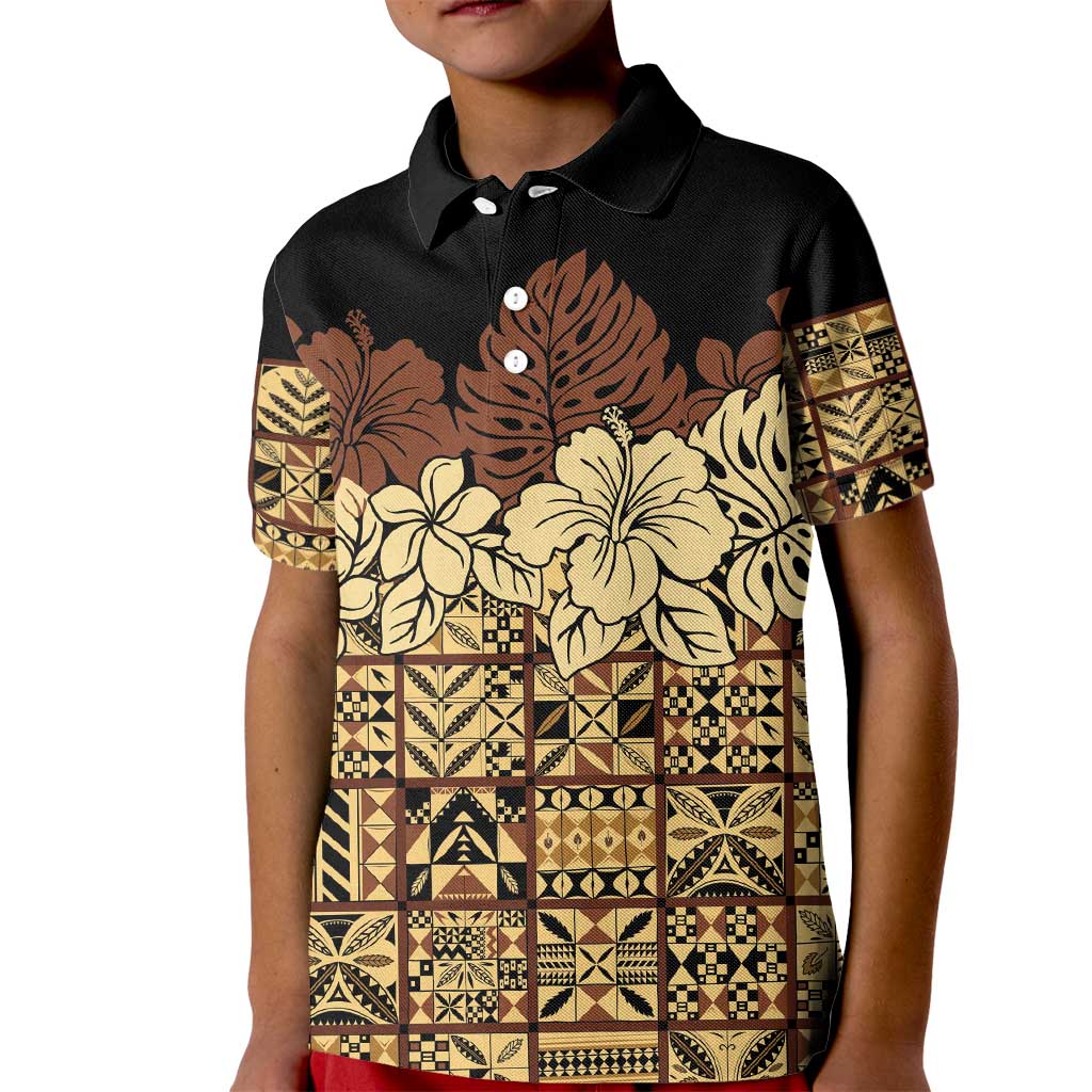 Niue Hiapo Motif Kid Polo Shirt Tapa Classic - Black Ver LT7 Kid Black - Polynesian Pride