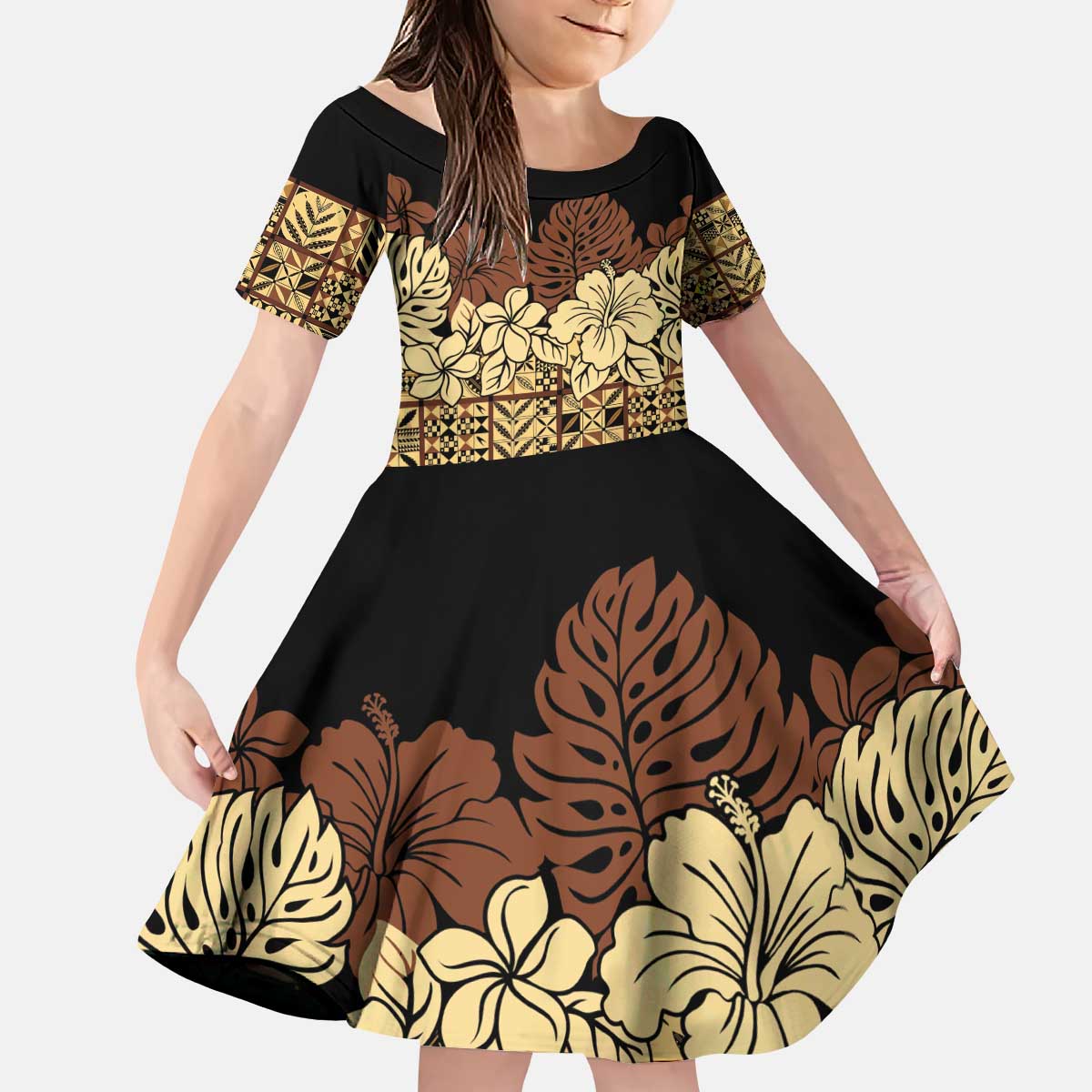 Niue Hiapo Motif Kid Short Sleeve Dress Tapa Classic - Black Ver LT7 KID Black - Polynesian Pride