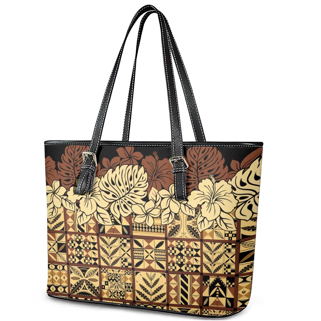 Niue Hiapo Motif Leather Tote Bag Tapa Classic - Black Ver