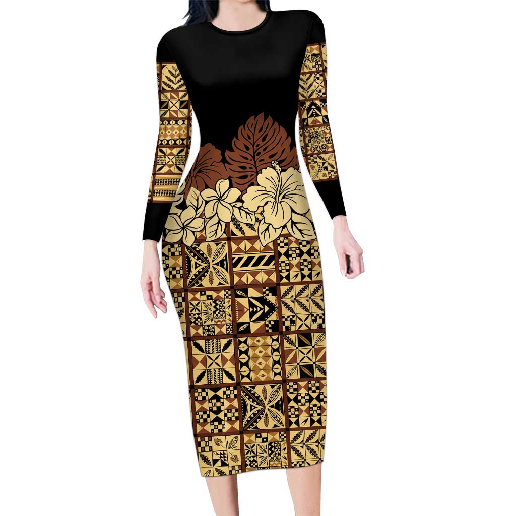 Niue Hiapo Motif Long Sleeve Bodycon Dress Tapa Classic - Black Ver LT7 Long Dress Black - Polynesian Pride