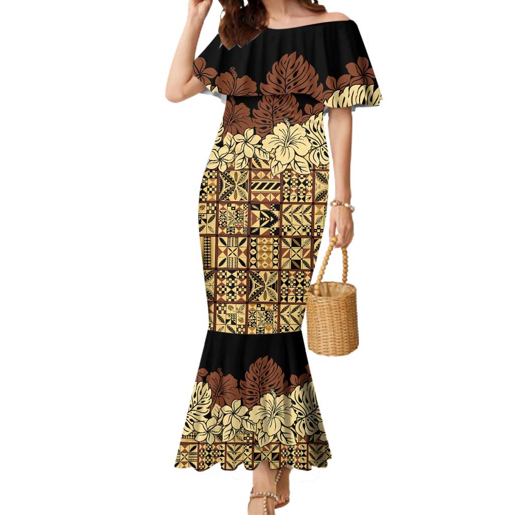 Niue Hiapo Motif Mermaid Dress Tapa Classic - Black Ver LT7 Women Black - Polynesian Pride