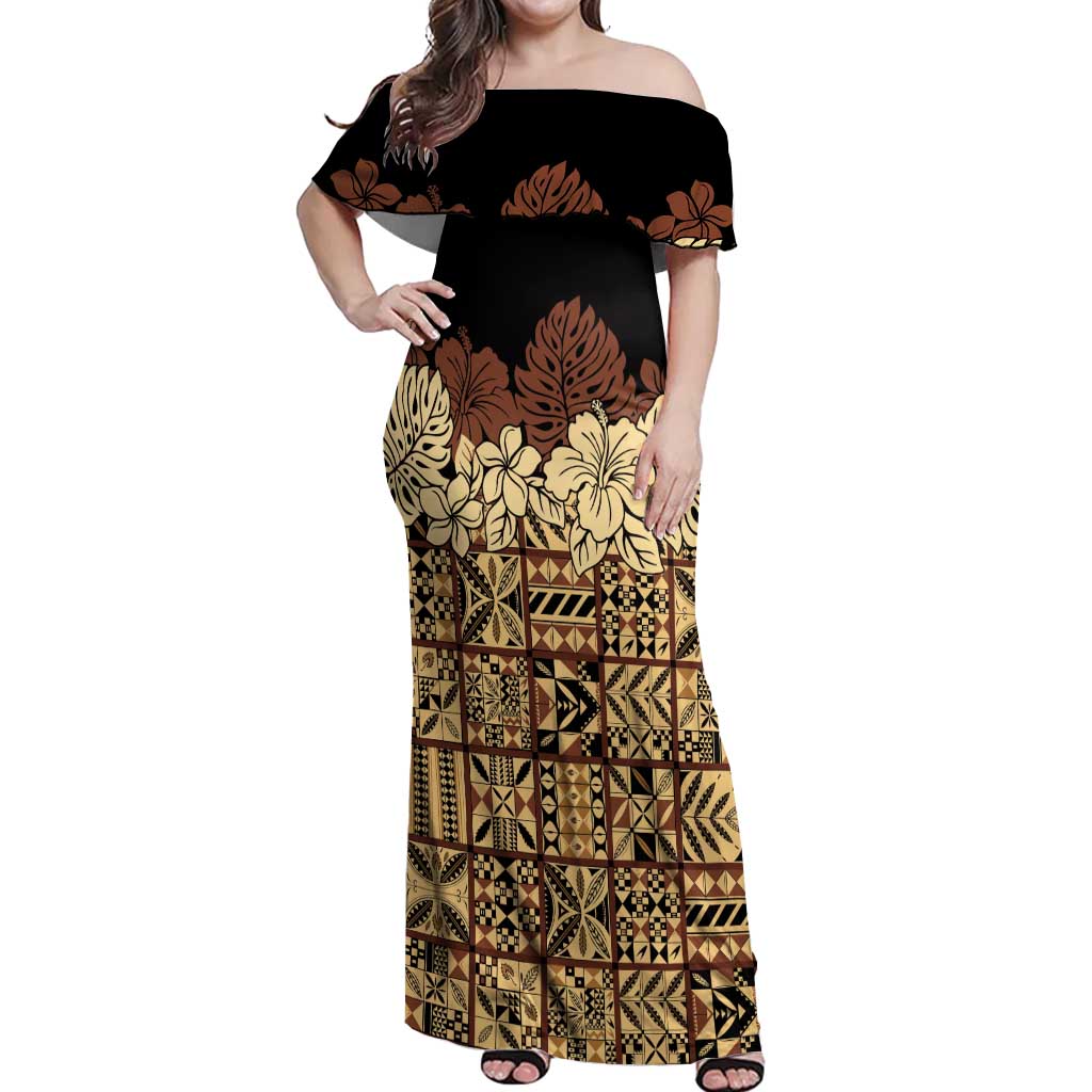 Niue Hiapo Motif Off Shoulder Maxi Dress Tapa Classic - Black Ver LT7 Women Black - Polynesian Pride