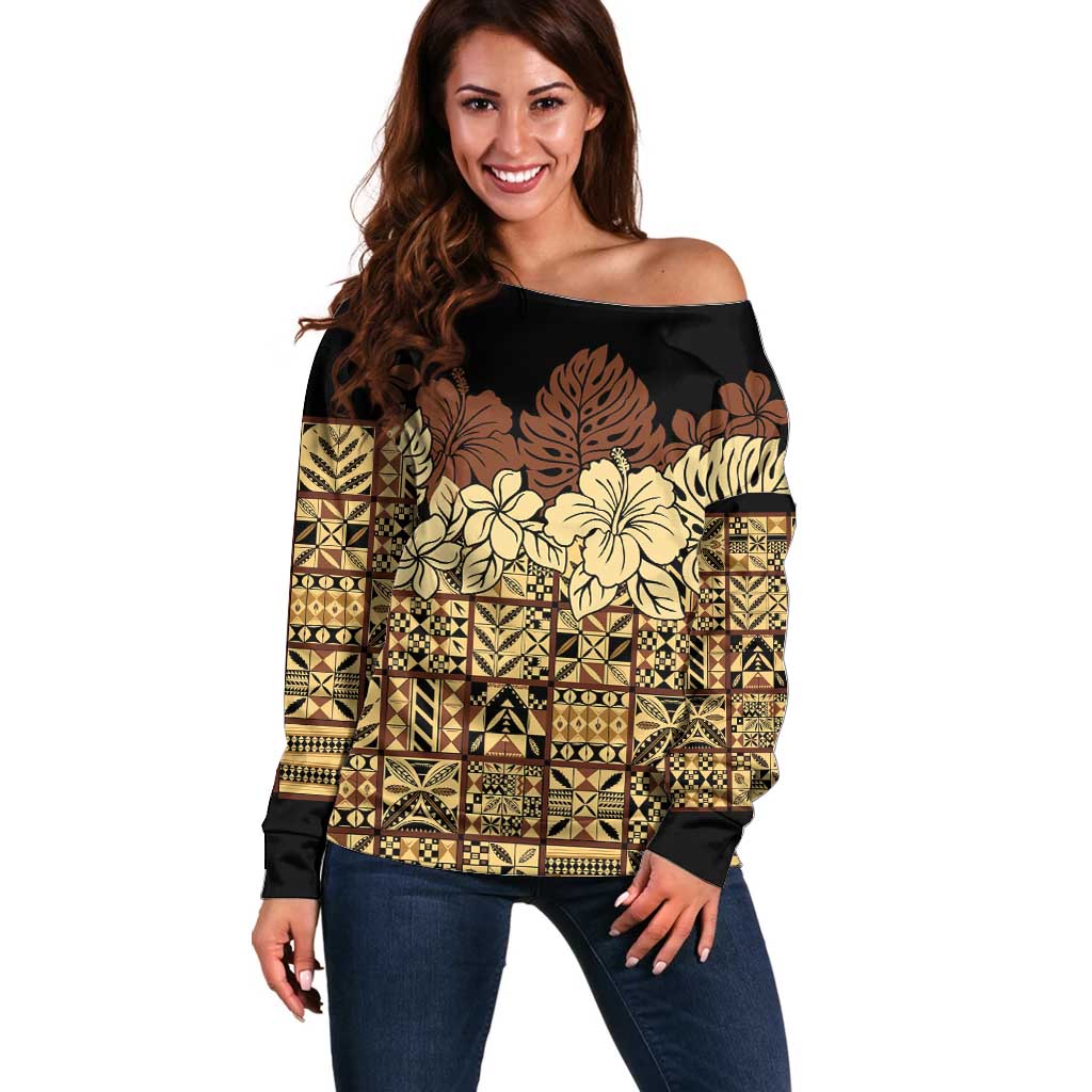Niue Hiapo Motif Off Shoulder Sweater Tapa Classic - Black Ver LT7 Women Black - Polynesian Pride