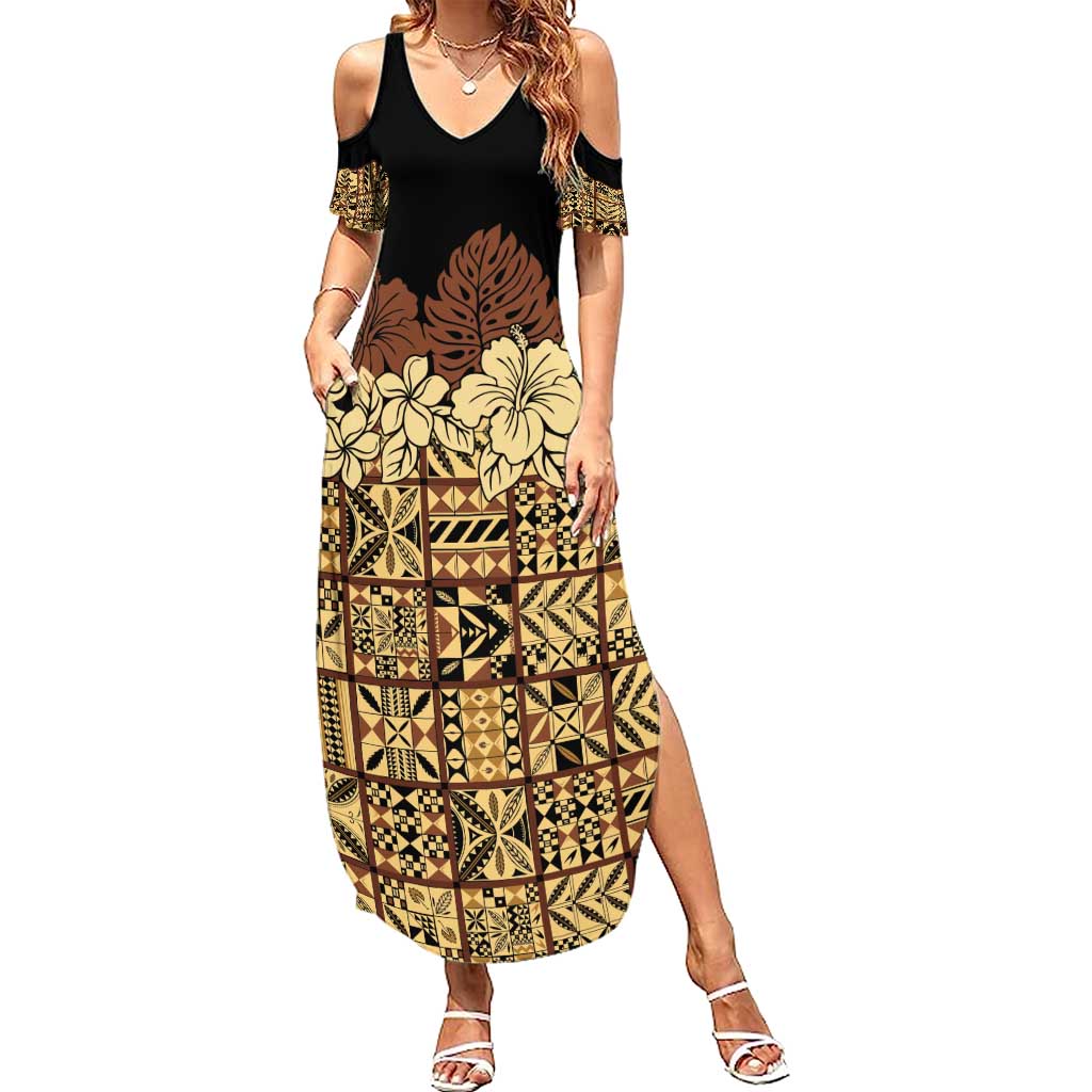 Niue Hiapo Motif Summer Maxi Dress Tapa Classic - Black Ver LT7 Women Black - Polynesian Pride