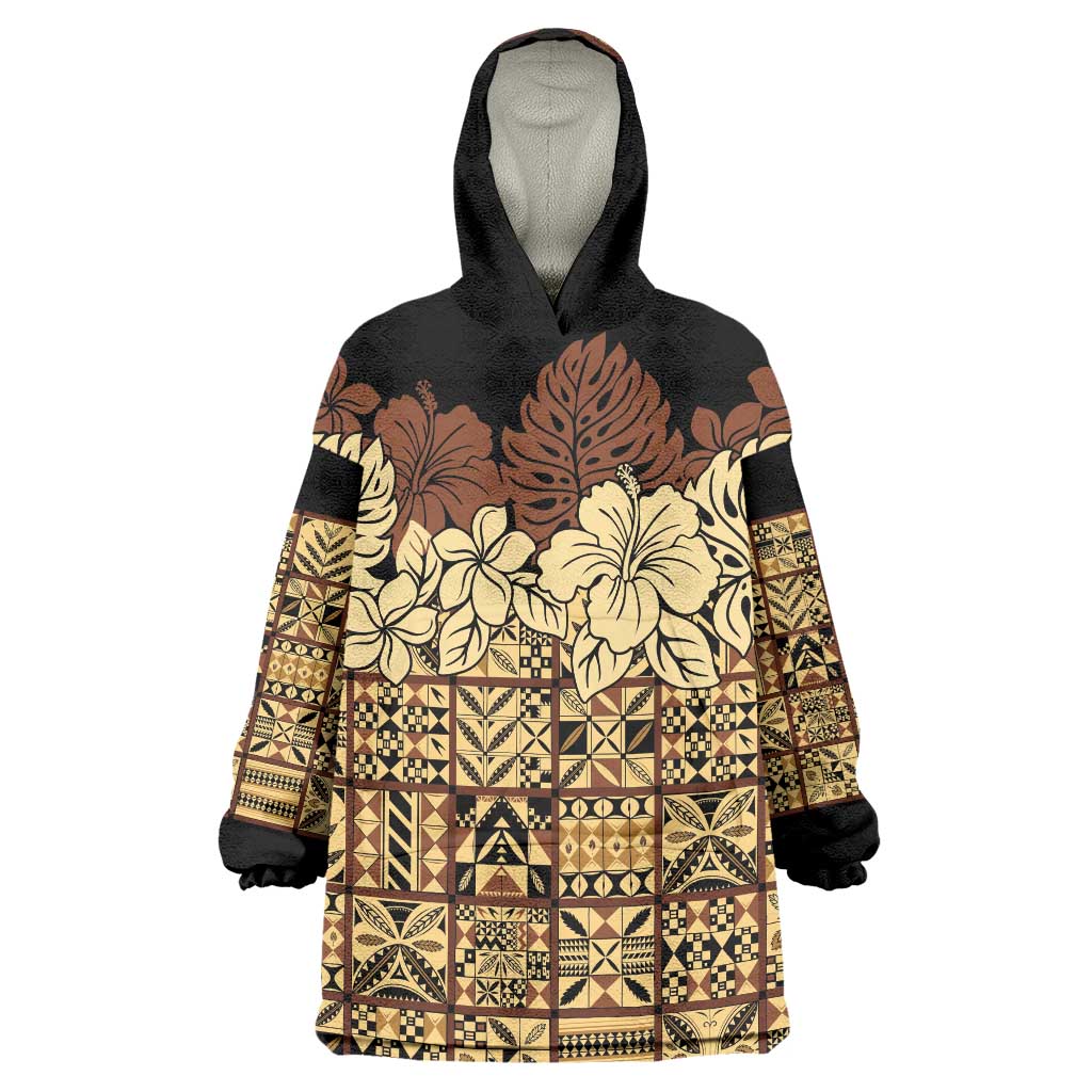 Niue Hiapo Motif Wearable Blanket Hoodie Tapa Classic - Black Ver LT7 One Size Black - Polynesian Pride