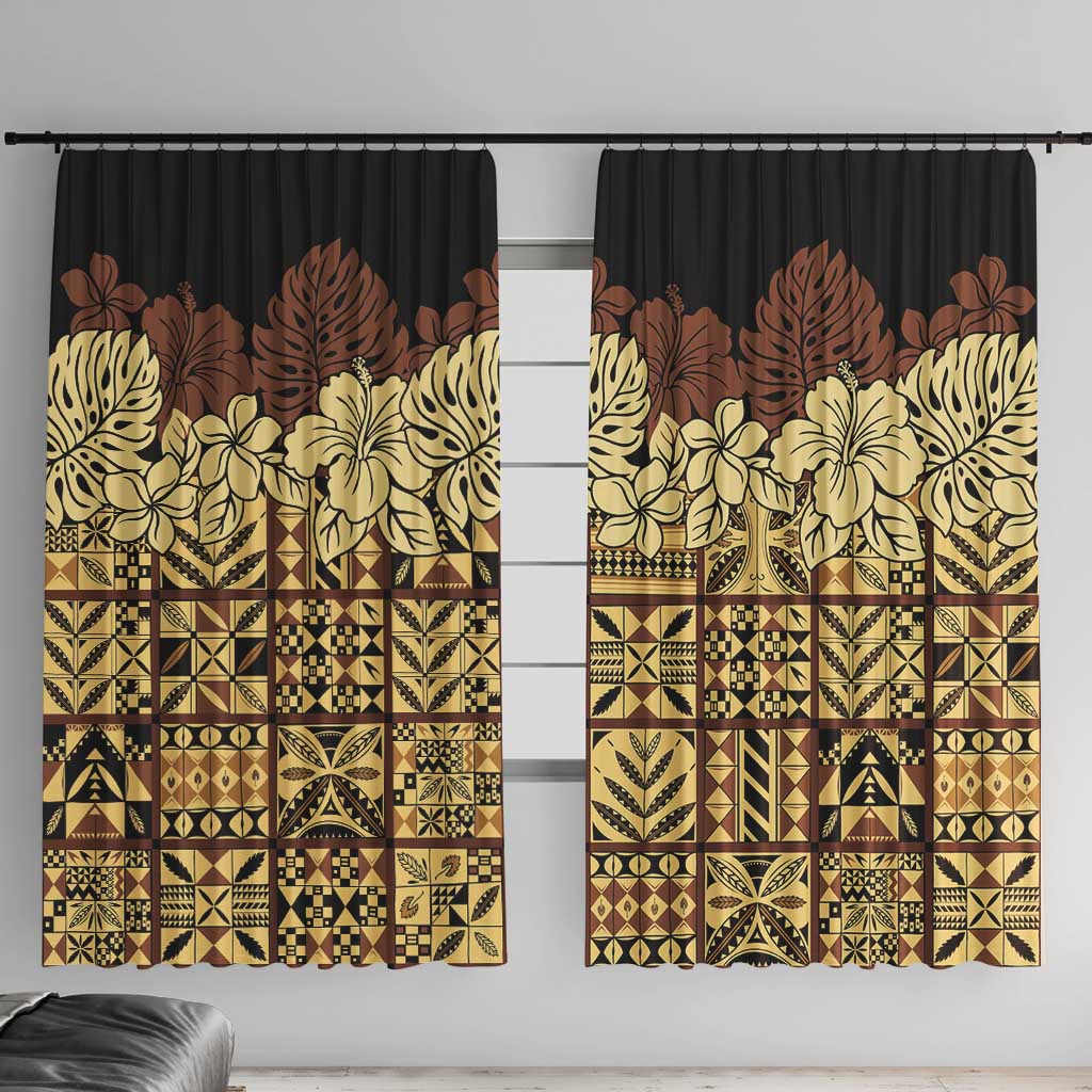 Niue Hiapo Motif Window Curtain Tapa Classic - Black Ver LT7 With Hooks Black - Polynesian Pride