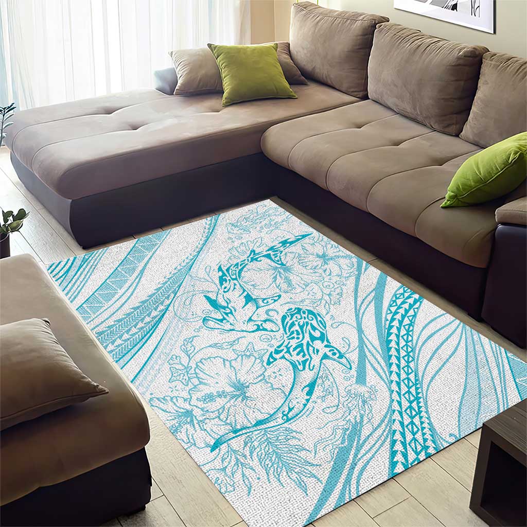 Sharks Couple Dreamy Polynesians Floral Sea Area Rug Turquoise - Polynesian Pride