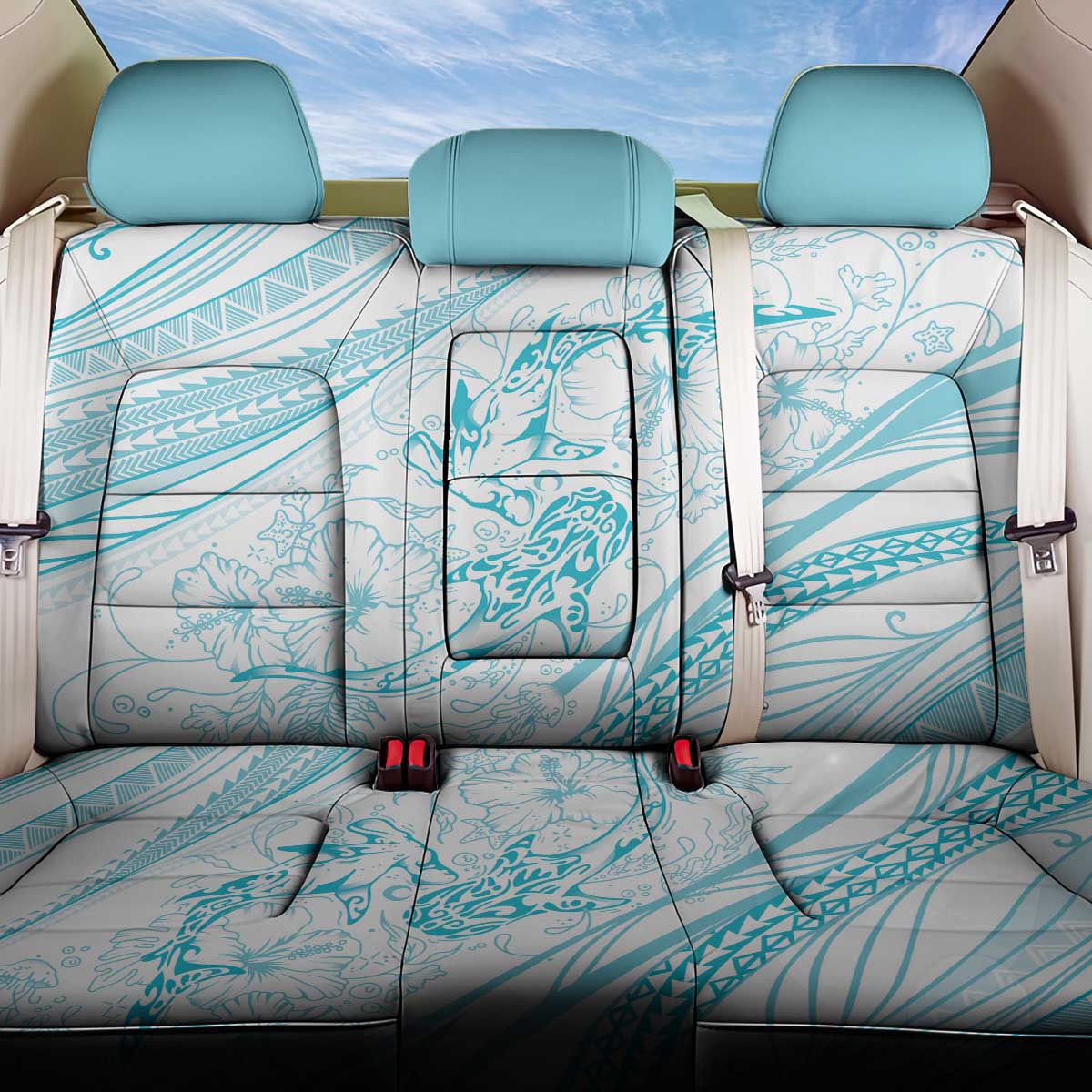 Sharks Couple Dreamy Polynesians Floral Sea Back Car Seat Cover Turquoise - Polynesian Pride