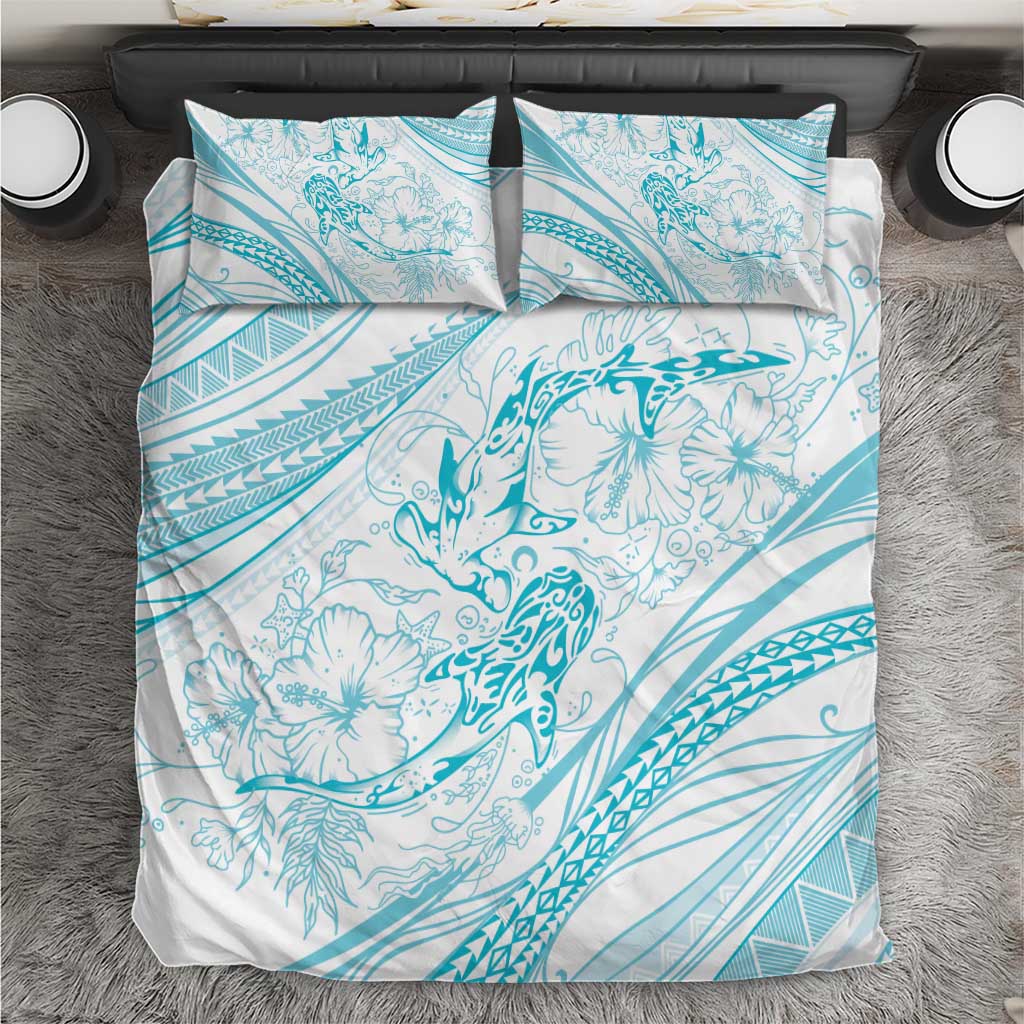Sharks Couple Dreamy Polynesians Floral Sea Bedding Set Turquoise - Polynesian Pride