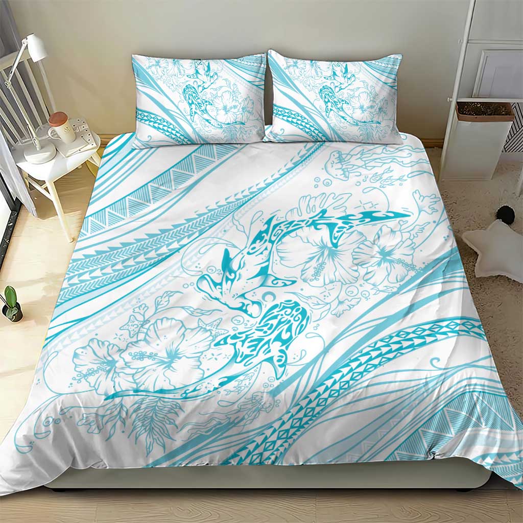 Sharks Couple Dreamy Polynesians Floral Sea Bedding Set Turquoise - Polynesian Pride