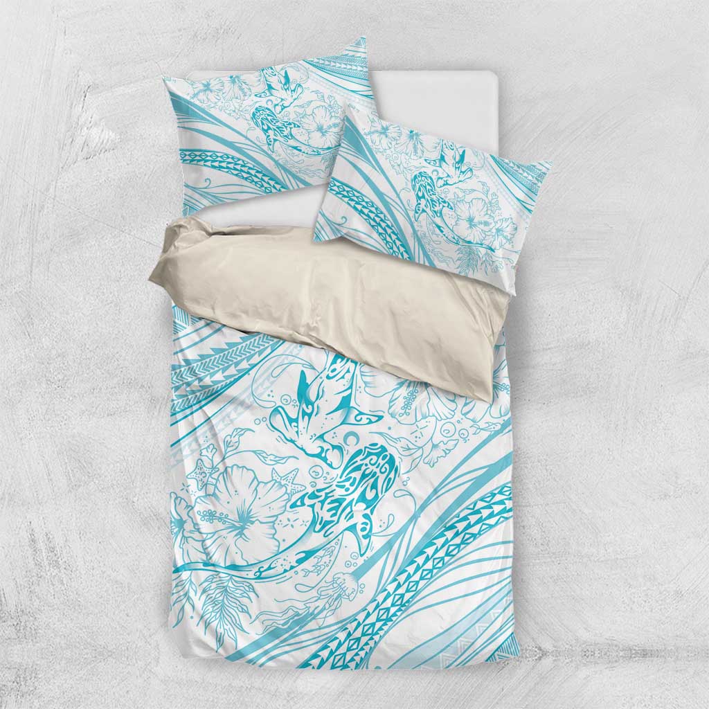 Sharks Couple Dreamy Polynesians Floral Sea Bedding Set Turquoise - Polynesian Pride