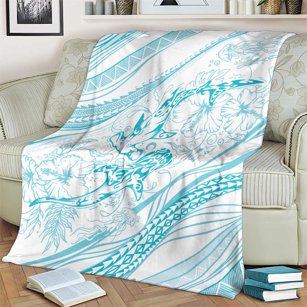 Sharks Couple Dreamy Polynesians Floral Sea Blanket Turquoise - Polynesian Pride