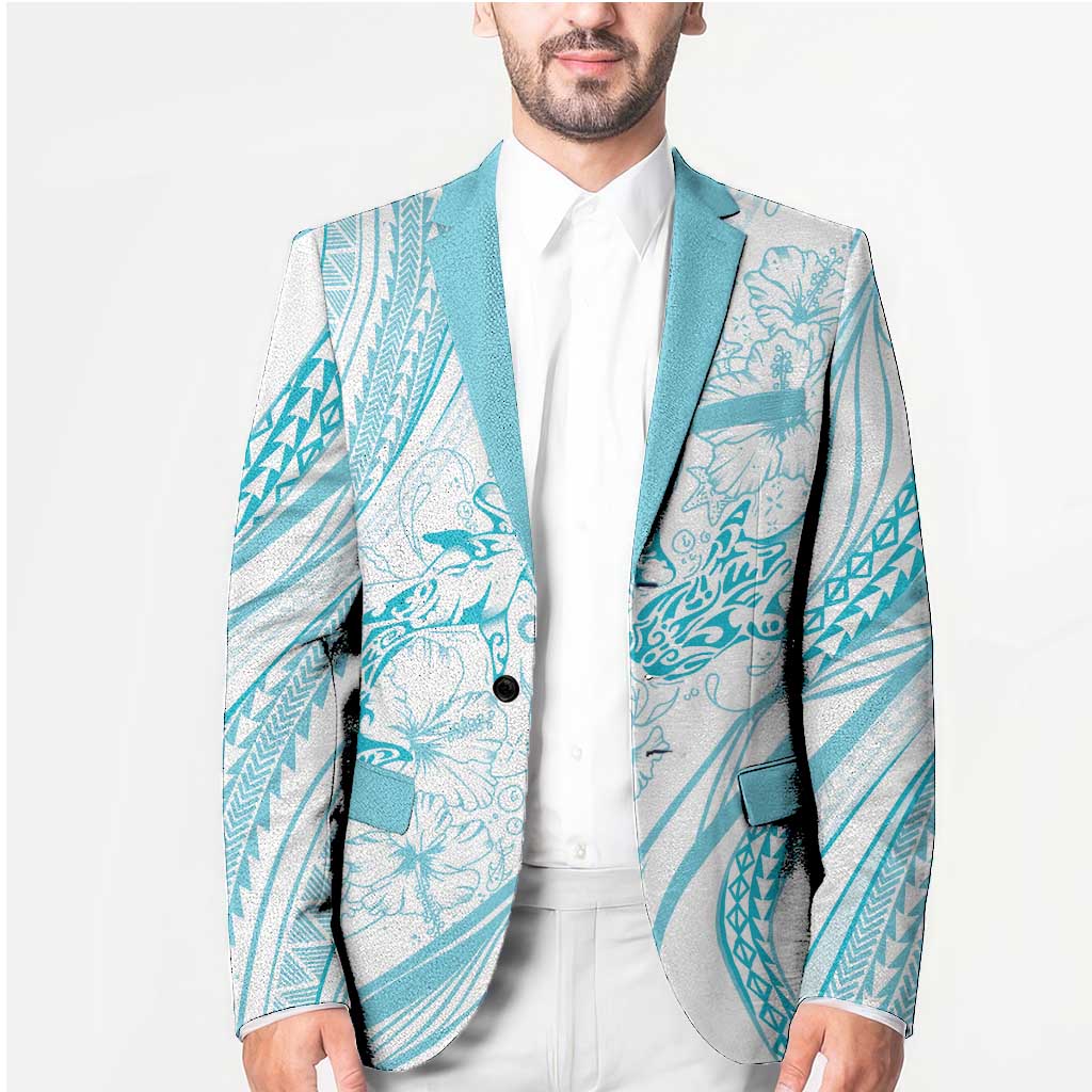 Sharks Couple Dreamy Polynesians Floral Sea Blazer Turquoise - Polynesian Pride