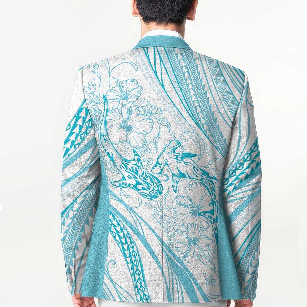 Sharks Couple Dreamy Polynesians Floral Sea Blazer Turquoise - Polynesian Pride
