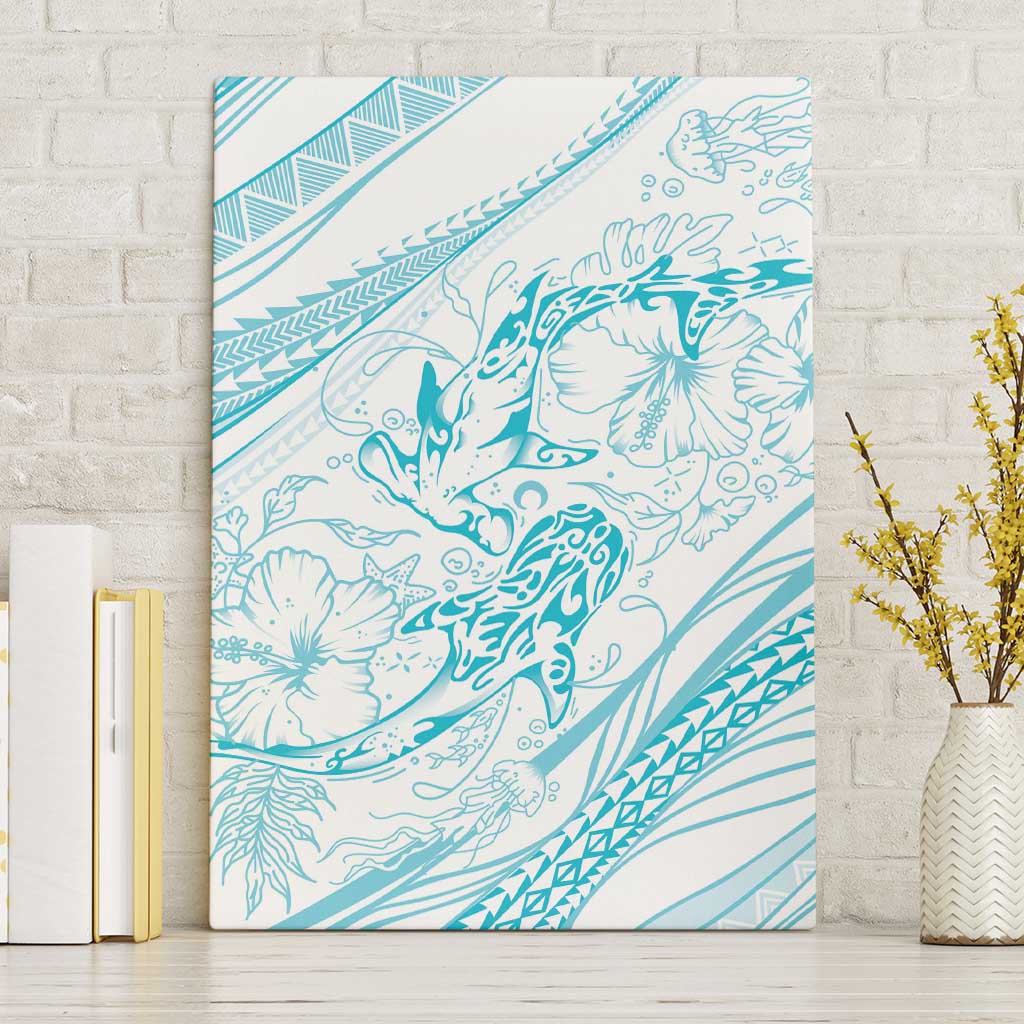 Sharks Couple Dreamy Polynesians Floral Sea Canvas Wall Art Turquoise - Polynesian Pride