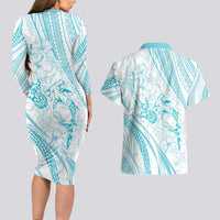 Sharks Couple Dreamy Polynesians Floral Sea Couples Matching Long Sleeve Bodycon Dress and Hawaiian Shirt Turquoise - Polynesian Pride