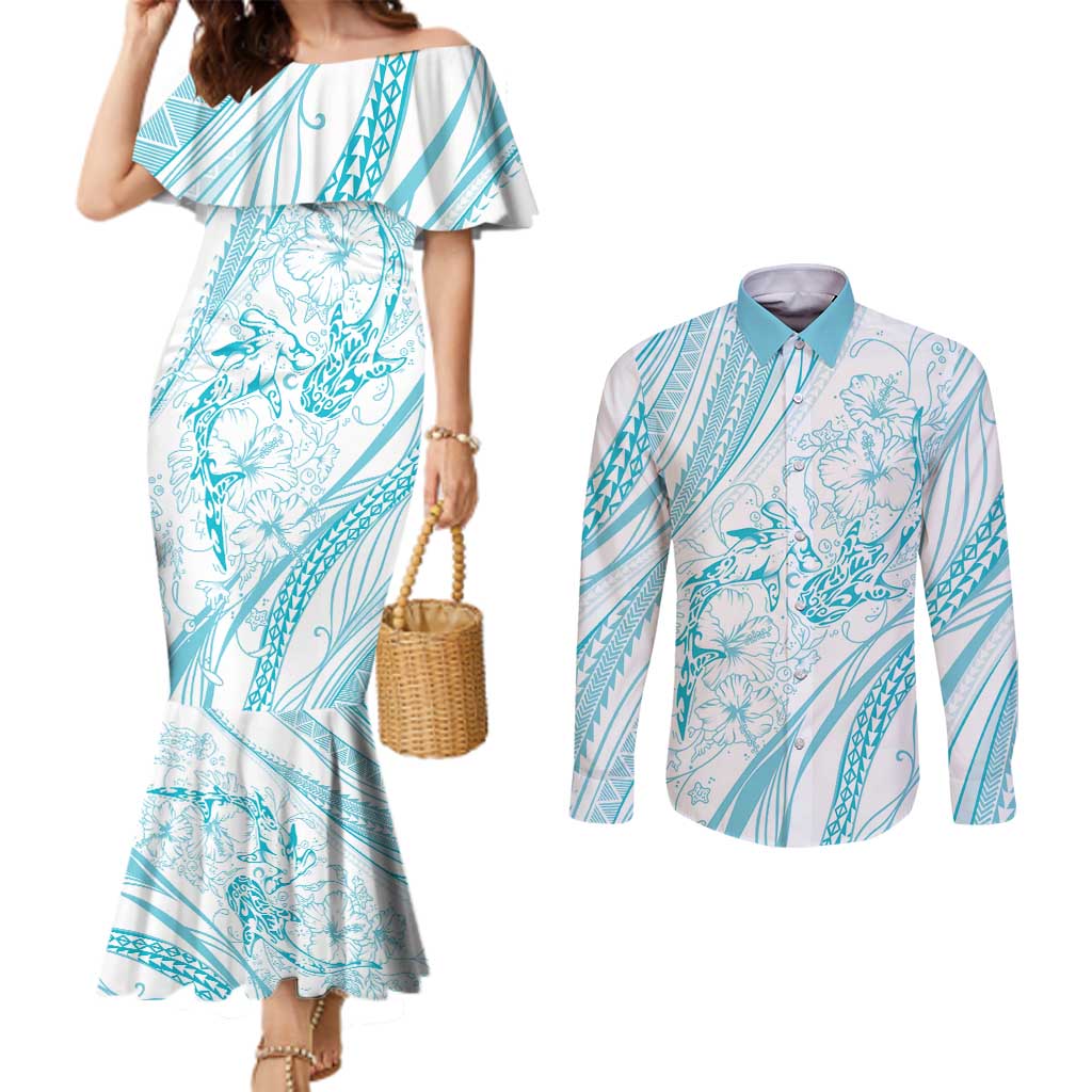 Sharks Couple Dreamy Polynesians Floral Sea Couples Matching Mermaid Dress and Long Sleeve Button Shirt Turquoise - Polynesian Pride