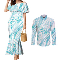 Sharks Couple Dreamy Polynesians Floral Sea Couples Matching Mermaid Dress and Long Sleeve Button Shirt Turquoise - Polynesian Pride