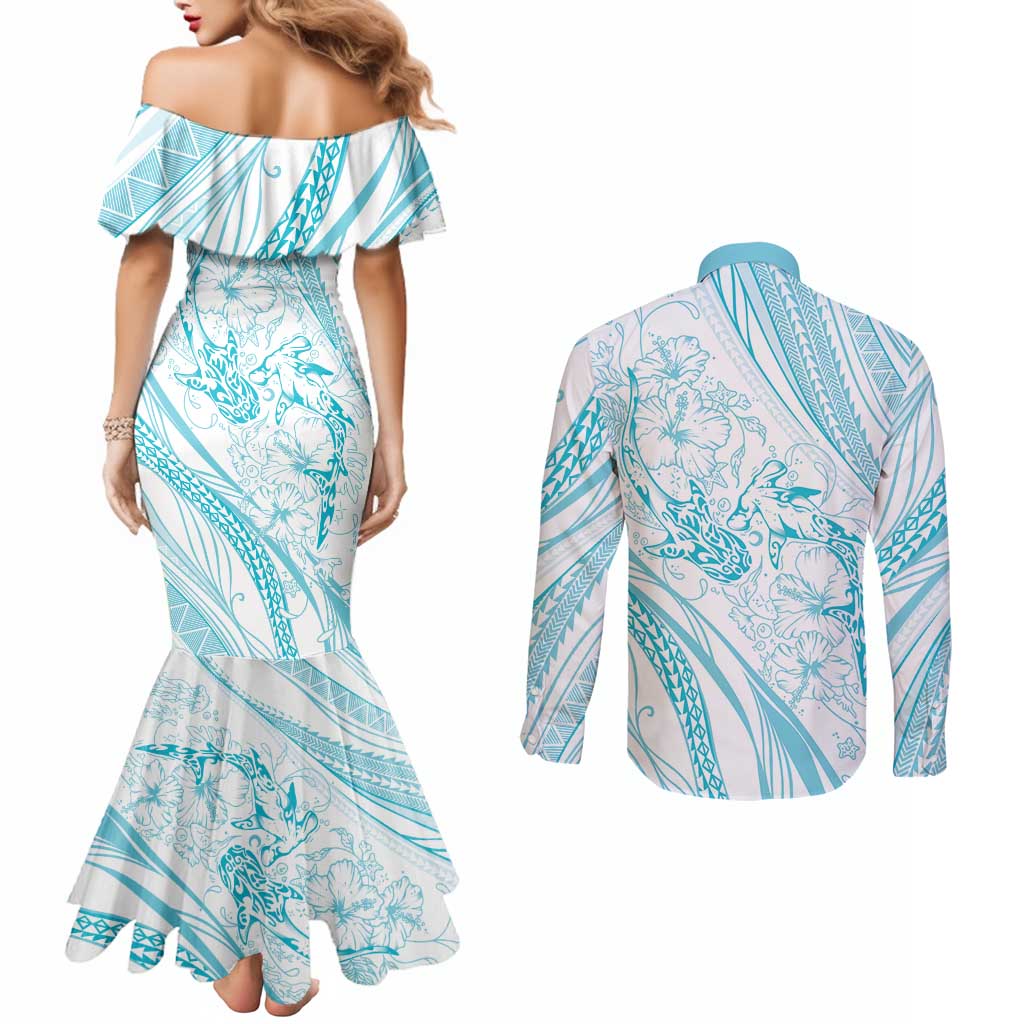 Sharks Couple Dreamy Polynesians Floral Sea Couples Matching Mermaid Dress and Long Sleeve Button Shirt Turquoise - Polynesian Pride