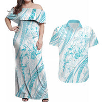 Sharks Couple Dreamy Polynesians Floral Sea Couples Matching Off Shoulder Maxi Dress and Hawaiian Shirt Turquoise - Polynesian Pride