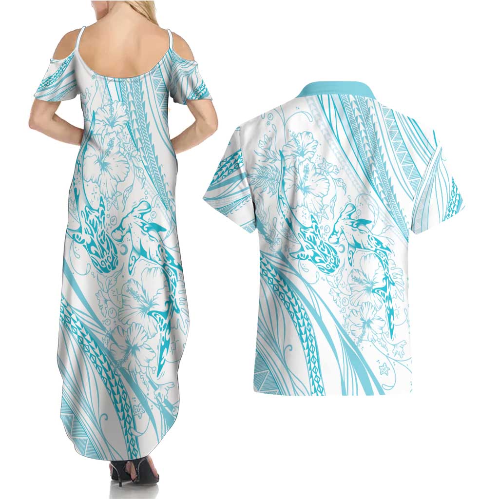 Sharks Couple Dreamy Polynesians Floral Sea Couples Matching Summer Maxi Dress and Hawaiian Shirt Turquoise - Polynesian Pride