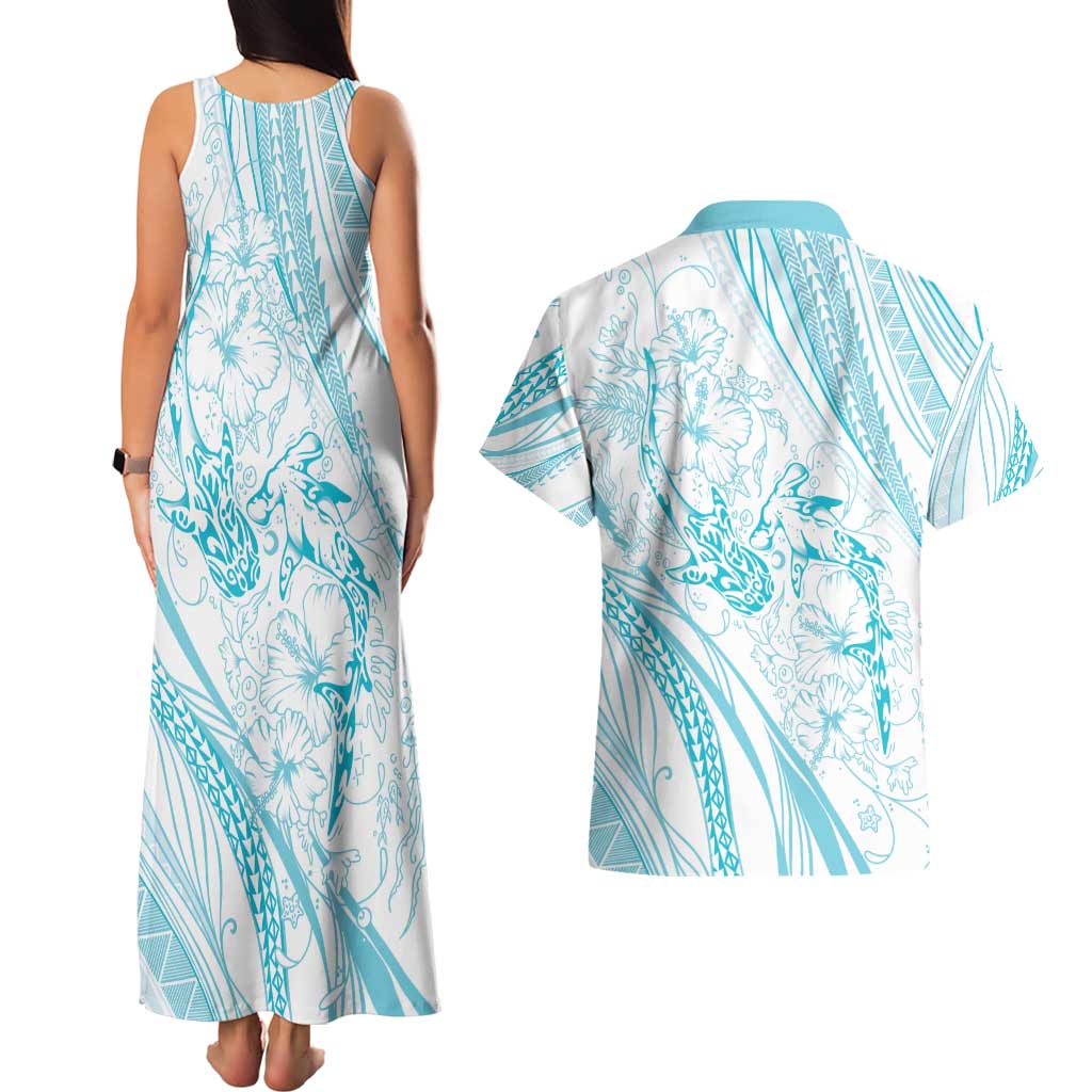 Sharks Couple Dreamy Polynesians Floral Sea Couples Matching Tank Maxi Dress and Hawaiian Shirt Turquoise - Polynesian Pride