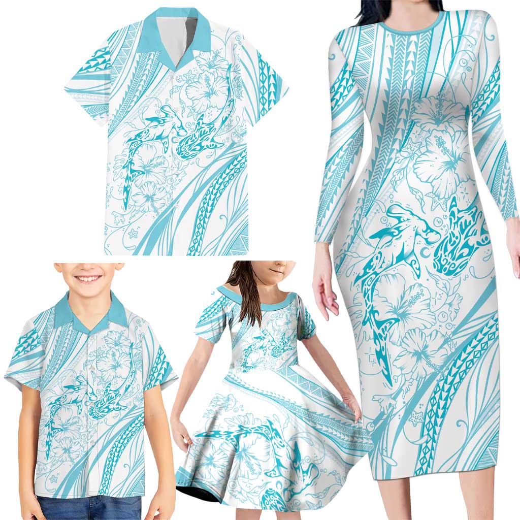 Sharks Couple Dreamy Polynesians Floral Sea Family Matching Long Sleeve Bodycon Dress and Hawaiian Shirt Turquoise - Polynesian Pride