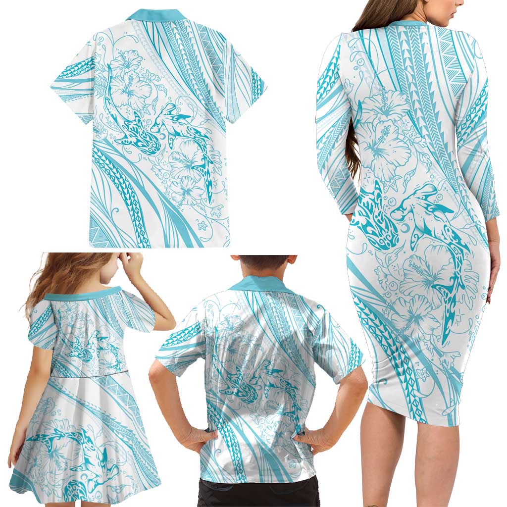 Sharks Couple Dreamy Polynesians Floral Sea Family Matching Long Sleeve Bodycon Dress and Hawaiian Shirt Turquoise - Polynesian Pride