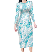 Sharks Couple Dreamy Polynesians Floral Sea Family Matching Long Sleeve Bodycon Dress and Hawaiian Shirt Turquoise - Polynesian Pride