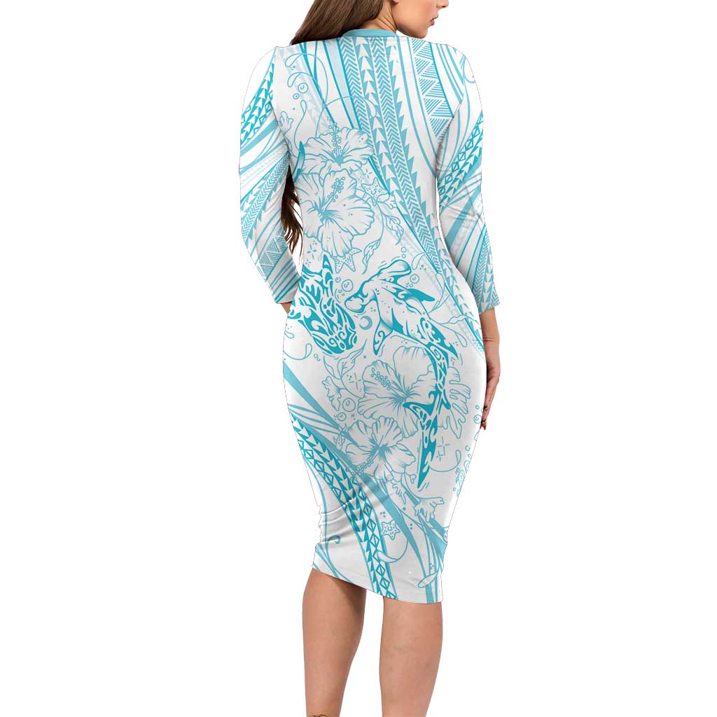 Sharks Couple Dreamy Polynesians Floral Sea Family Matching Long Sleeve Bodycon Dress and Hawaiian Shirt Turquoise - Polynesian Pride