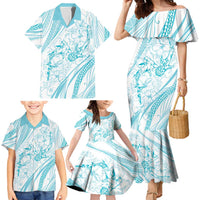 Sharks Couple Dreamy Polynesians Floral Sea Family Matching Mermaid Dress and Hawaiian Shirt Turquoise - Polynesian Pride