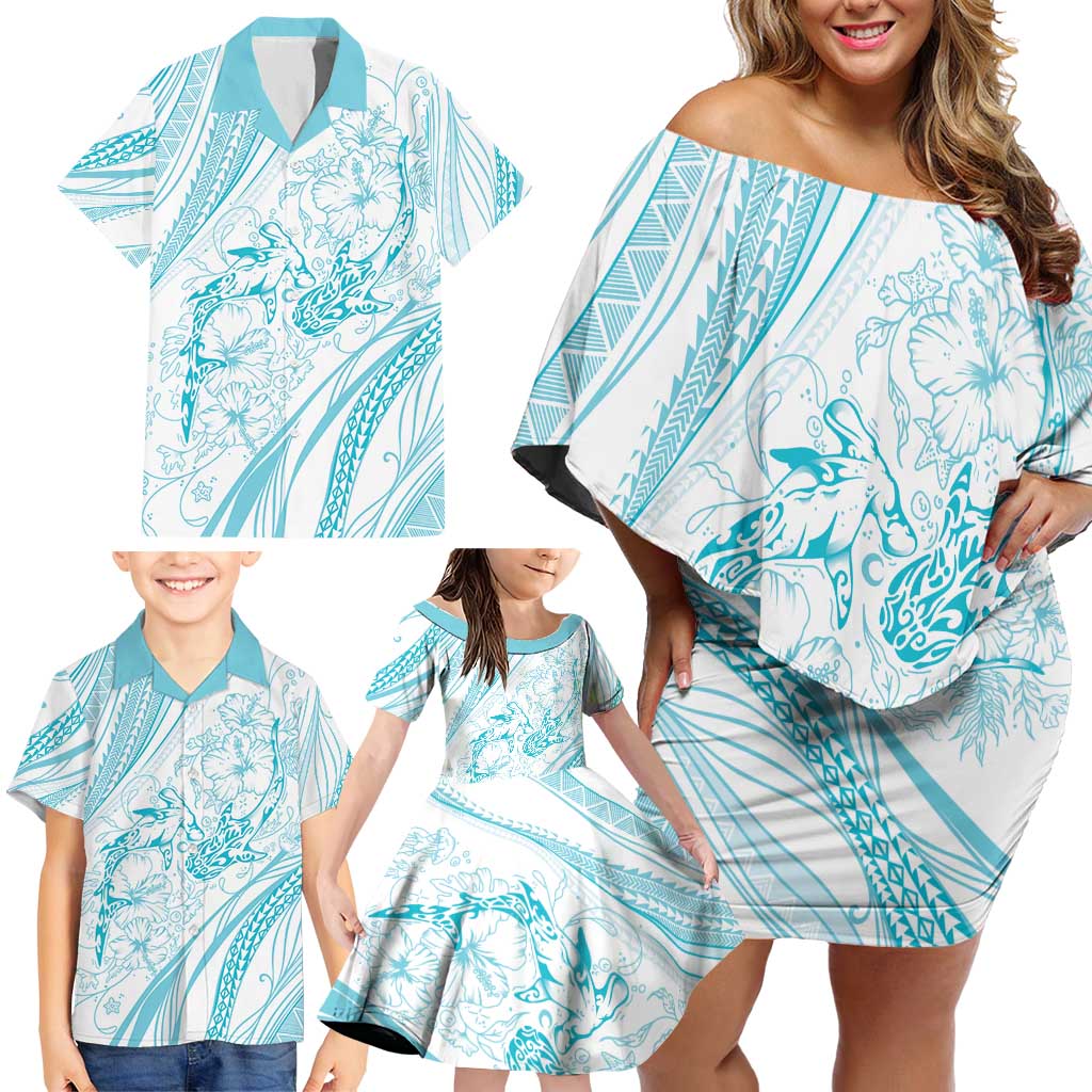 Sharks Couple Dreamy Polynesians Floral Sea Family Matching Off Shoulder Short Dress and Hawaiian Shirt Turquoise - Polynesian Pride