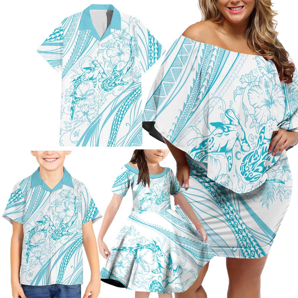 Sharks Couple Dreamy Polynesians Floral Sea Family Matching Off Shoulder Short Dress and Hawaiian Shirt Turquoise - Polynesian Pride