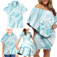 Sharks Couple Dreamy Polynesians Floral Sea Family Matching Off Shoulder Short Dress and Hawaiian Shirt Turquoise - Polynesian Pride